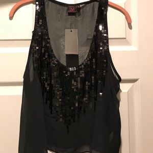 Material Girl sheer, black, embellished tank